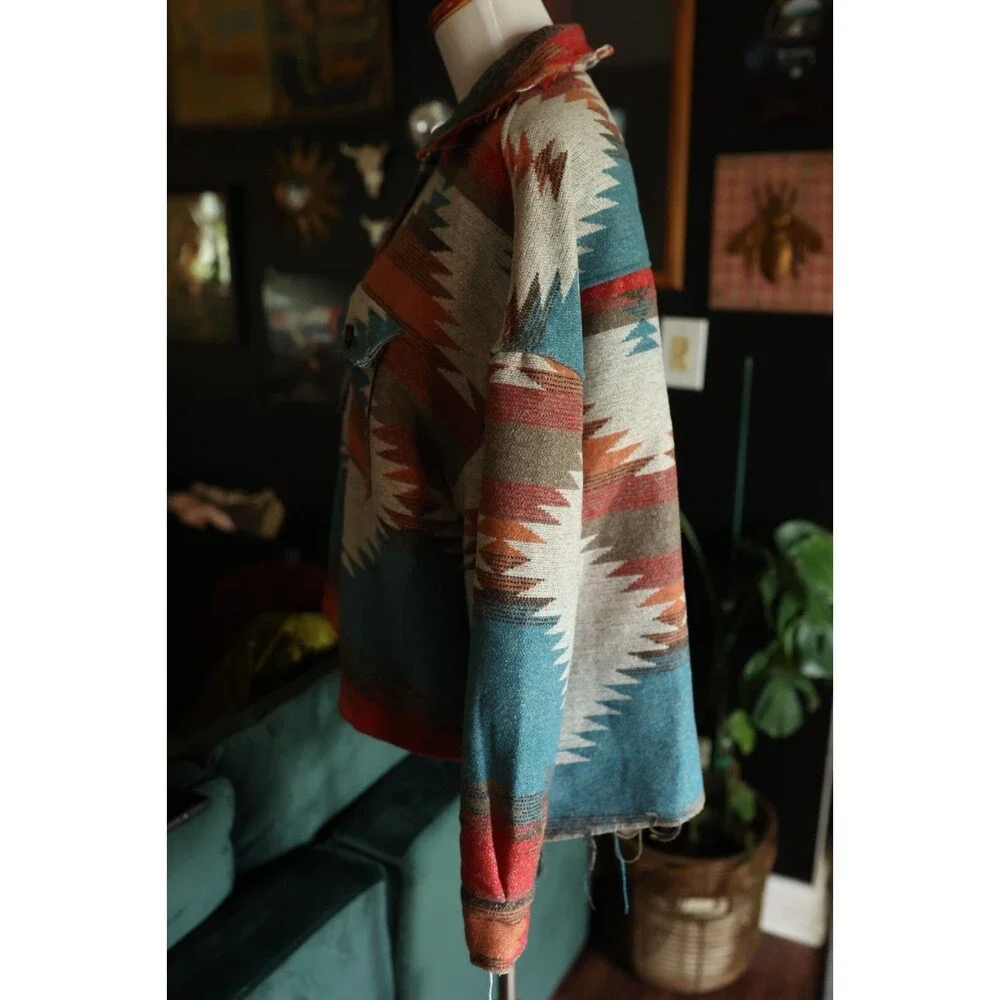Boho Aztec Tribal Southwestern Print Shacket Yellowstone Shirt Jacket Coat L - Picture 9 of 12